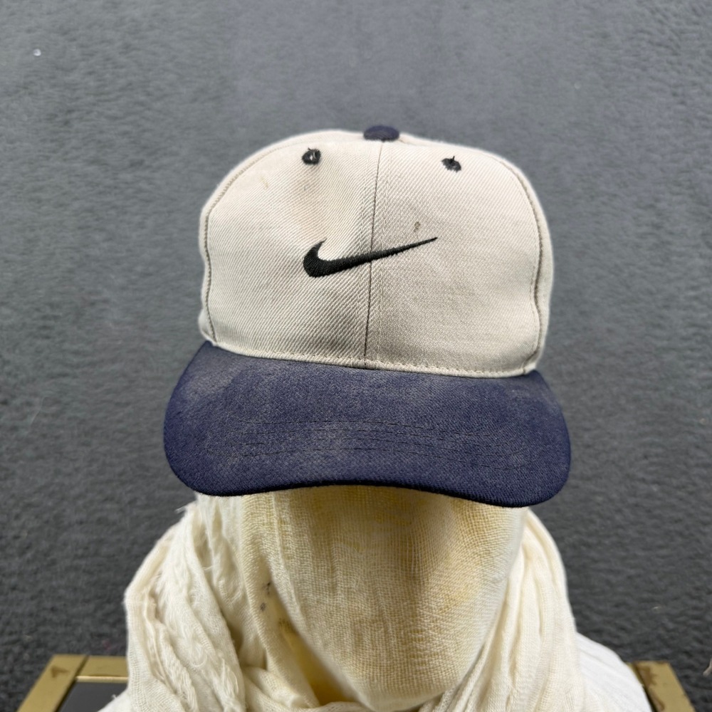 Vintage Nike Swoosh Snapback Hat Beige Navy Blue Wool Blend Boys Size Fits All